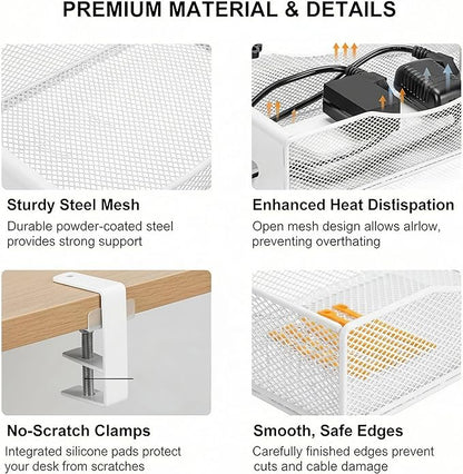 Extra Wide Under Desk Cable Management - No Drill Installation Cable Management Tray, Modern Cord Organizer for Office/Home Desk, Fits Power Strips & Wires((White, XL)