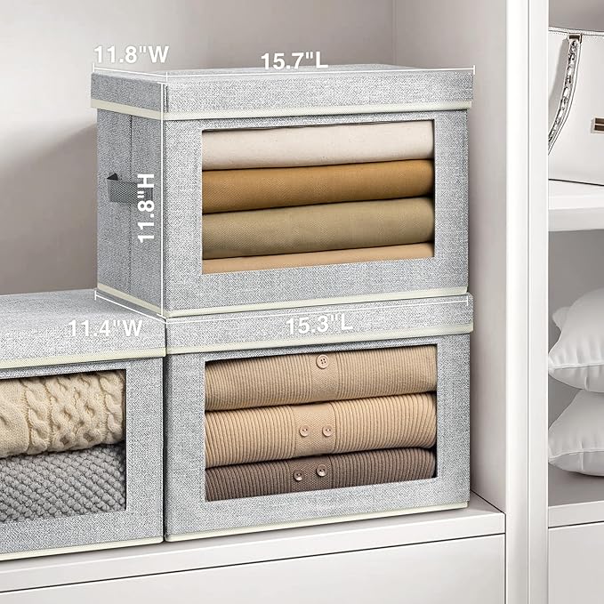 Fabric Storage Bins with Lids, Large Storage Cubes with Window, Fabric Storage Baskets Bins for shelves, Closet Storage Boxes for Clothes, Towel, Office, 4 Packs, Blended