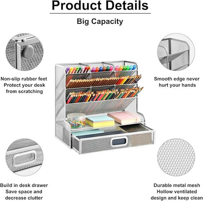 Marbrasse Larger Mesh Desk Organizer with Drawer, Multi-Functional Pen Pencil Holder, Desk Organizers and Accessories for Office Art Supplies (Silver Mesh Pen Holder with Drawer)