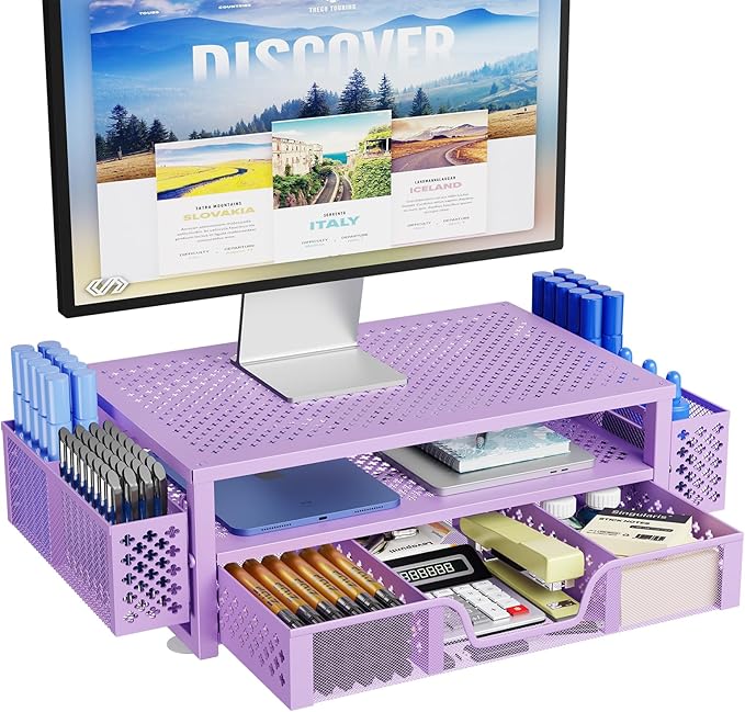 Simple Trending 2 Tier Metal Monitor Stand Monitor riser and Computer Desk Organizer with Drawer and Pen Holder for Laptop, Computer, iMac, Purple