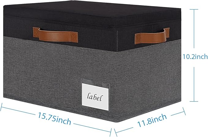 Extra Large Storage Bins with Lids, Foldable Fabric Storage Baskets with Lids, Sturdy Storage Boxes with Labels and 3 PU Handles for Closet Home Bedroom Office (32L, 3 Packs, Grey&Black)