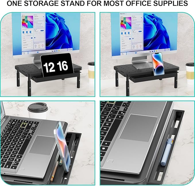 WALI Computer Monitor Stand with Storage, Desk Monitor Riser 3 Height Adjustable, Laptop Riser with Airflow Vents, Desk Organizer for Computer, Laptop, Printer (PTT002-B), 1 Pack, Black