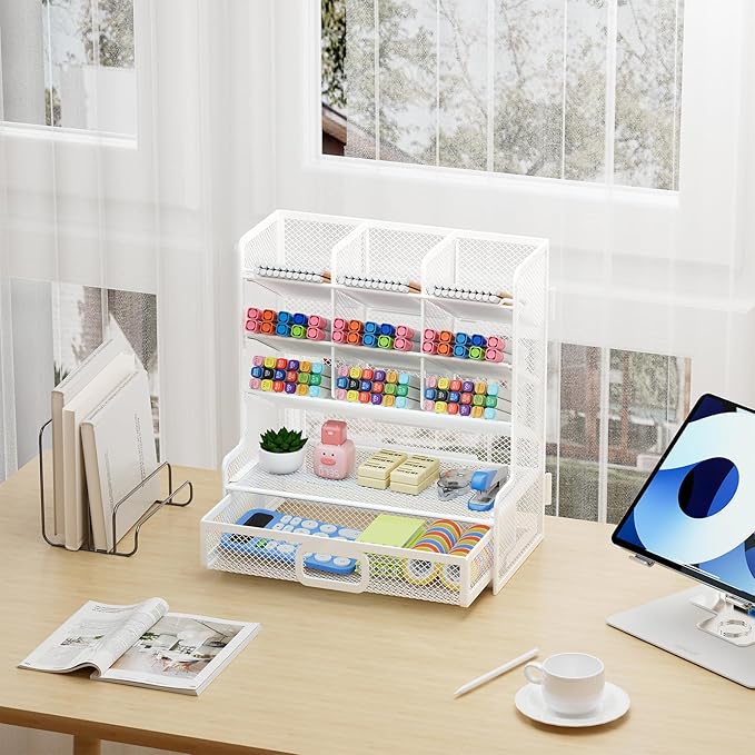 Marbrasse Larger Mesh Desk Organizer with Drawer, Multi-Functional Pen Pencil Holder, Easy Assembly, Desk Organizers and Accessories for Office Art Supplies (White)