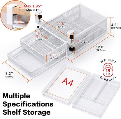ROSYLINE Under Desk & Desktop Drawer Organizer - 2-Tier Metal Slide Out Drawers Organizer, Storage for Home Office Desk (White)