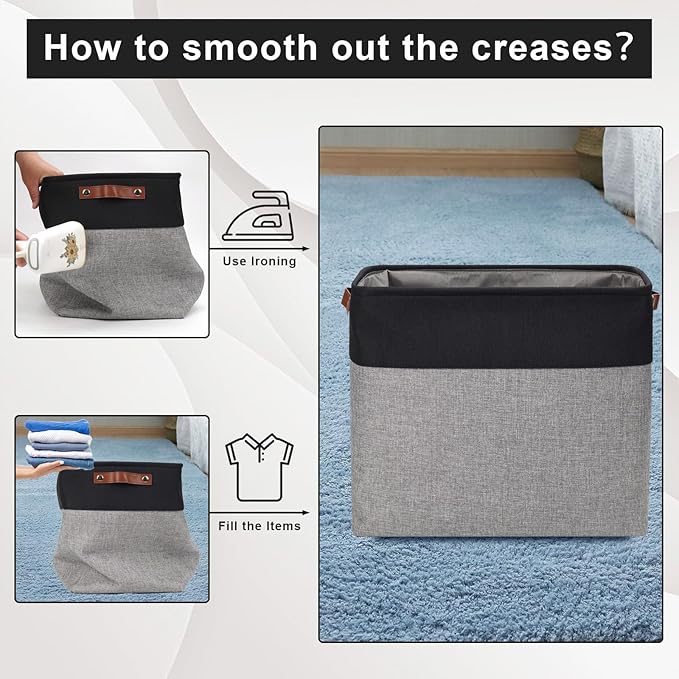 Large Fabric Storage Baskets | 50L Storage Bins, Decorative Linen Closet Baskets with Handles for Organizing, Shelf, Toys, Clothes, Home, Office, Nursery, 17x12x15Inches (Gray&Black)