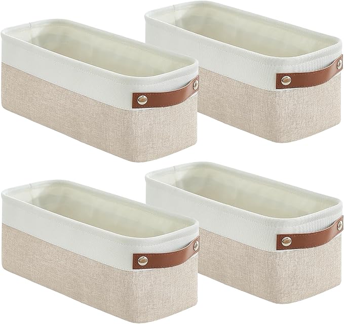 Small Fabric Storage Baskets, 15x6x5 inch Narrow Storage Bins 4-Pack Long Storage Basket for Organizing with Handles, Decorative Basket for Closets, Shelves, Toilet Paper, Beige