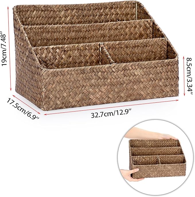BTSKY Woven Storage Basket Natural Seagrass Vertical Wicker Storage Baskets with 4 Compartments Desk Organizers and Storage Magazine File Holder Home Office Supplies Sorter Rack, Coffee