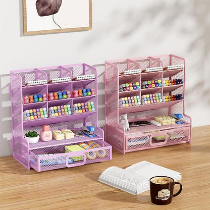 Marbrasse Larger Mesh Desk Organizer with Drawer, Multi-Functional Pen Pencil Holder, Easy Assembly, Desk Organizers and Accessories for Office Art Supplies (Purple)