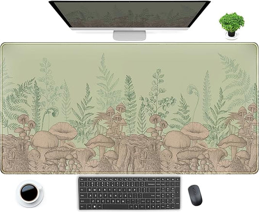 Cute Green Leaves Mouse Pad Desk Mat Beige Forest Mushroom XXL Large Extended Gaming Mousepad Desk Pad 31.5x15.75 in, Cool Keyboard Mouse Mat Desk Mats for Computer Laptop Women Desk Gamers Girl