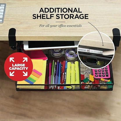Under Desk Drawer Organizer Clamp-On, Mesh Metal Attachment, 1 Drawer Slide Out, On or Under Desk Organizer for Office Supplies & Home Essentials