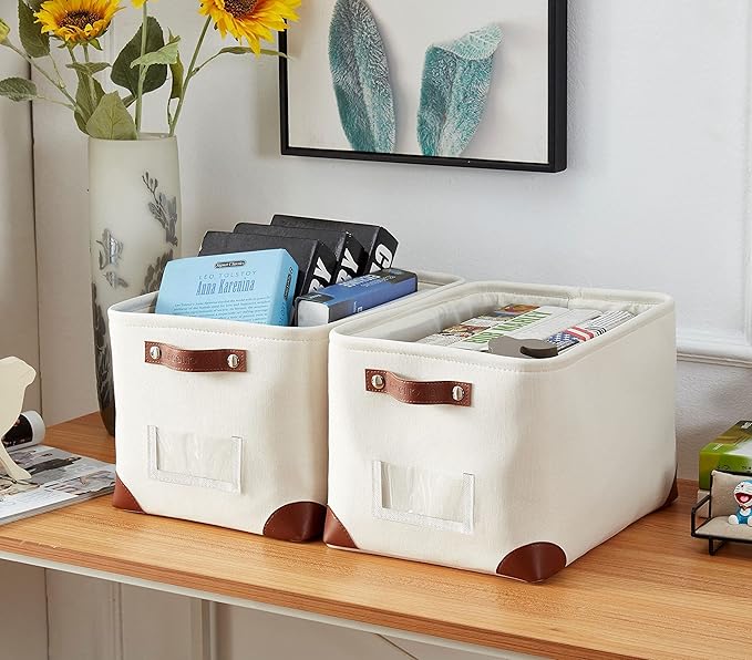 DECOMOMO White Storage Bins Fabric Storage Baskets for Shelves & Linen Closet Organization (Creamy White W/ Label holder, Large - 3 Pack)