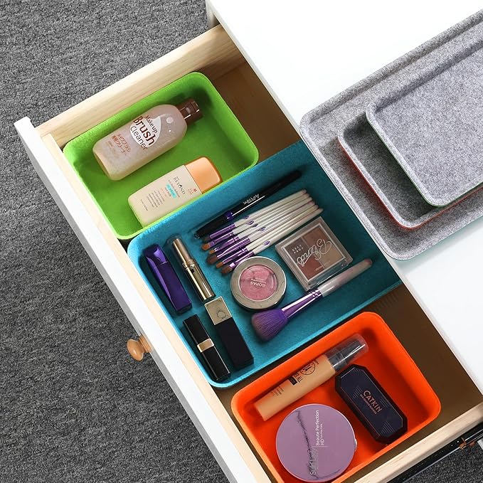 Welaxy stackable Lidded drawer organizer bins home office work desktop storage box with lid for junk makeup stationery decluttering sorting 3-pack gift idea (Orange + Green + Turquoise)