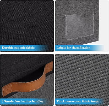 Extra Large Storage Bins with Lids, Foldable Fabric Storage Baskets with Lids, Sturdy Storage Boxes with Labels and 3 PU Handles for Closet Home Bedroom Office (32L, 3 Packs, Grey&Black)