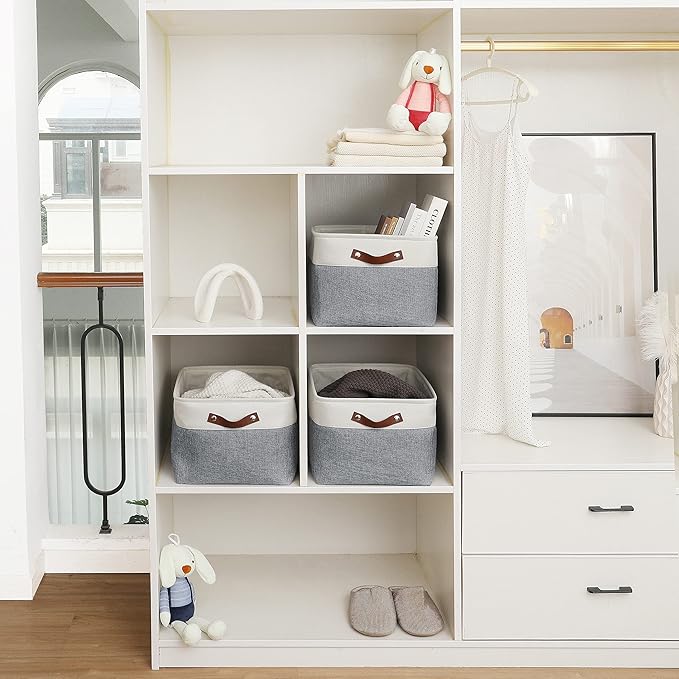 OrganiHaus Extra Large Fabric Storage Baskets for Shelves 3 Pack, 16x13in Closet Storage Bins for Shelves, Canvas Baskets for Organizing, Linen Closet Organizers, Cloth Basket, Gray/Off-White