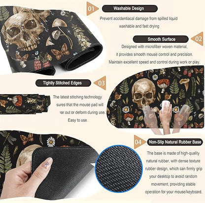 Cool Skull Desk Mat Floral Mouse Pad Black Mushroom Plants Goth Desk Pad XXL Large Gaming Mousepad Laptop Computer Keyboard Mouse Mat 31.5x15.75 in, Office Desk Mats Decor Accessories for Women