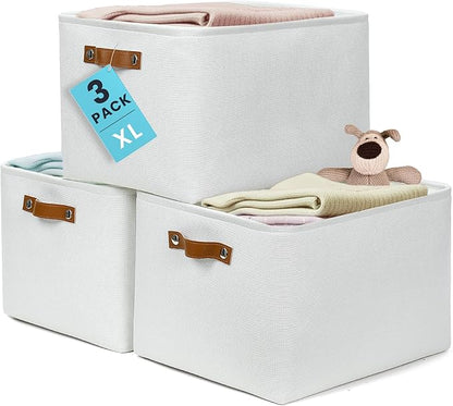 OrganiHaus Extra Large Fabric Storage Baskets for Shelves 3 Pack, 16x13in Closet Storage Bins for Shelves, Canvas Baskets for Organizing, Linen Closet Organizers, Cloth Basket, Off-White