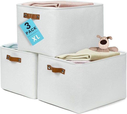 OrganiHaus Extra Large Fabric Storage Baskets for Shelves 3 Pack, 16x13in Closet Storage Bins for Shelves, Canvas Baskets for Organizing, Linen Closet Organizers, Cloth Basket, Off-White