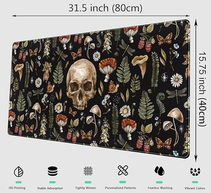 Cool Skull Desk Mat Floral Mouse Pad Black Mushroom Plants Goth Desk Pad XXL Large Gaming Mousepad Laptop Computer Keyboard Mouse Mat 31.5x15.75 in, Office Desk Mats Decor Accessories for Women