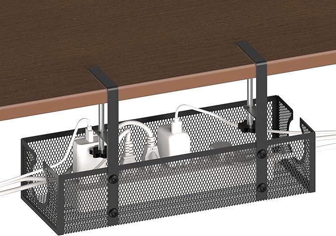 Under Desk Cable Management Tray - Fits up to 1.77" Thick Desks, No-Drill Clamp-on Wire Organizer, Reversible Inward/Outward Install, Heavy Duty Metal Power Strip Holder for Home Office & Gaming Desk