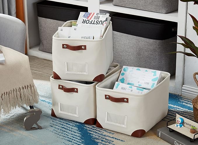 DECOMOMO White Storage Bins Fabric Storage Baskets for Shelves & Linen Closet Organization (Creamy White W/ Label holder, Large - 3 Pack)