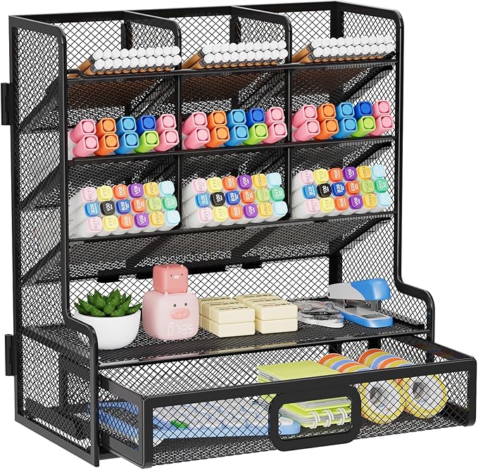 Marbrasse Larger Mesh Desk Organizer with Drawer, Multi-Functional Pen Pencil Holder, Easy Assembly, Desk Organizers and Accessories for Office Art Supplies (Black)
