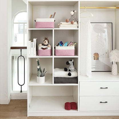 OrganiHaus Small Fabric Storage Baskets for Shelves 3 Pack, 12x08in Closet Storage Bins for Shelves, Canvas Baskets for Organizing, Linen Closet Organizers, Cloth Basket, Pink/Off-White