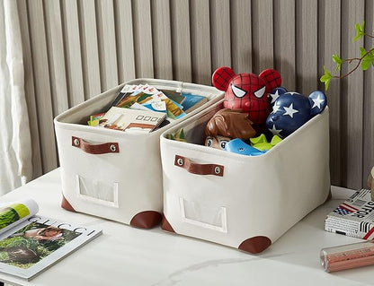 DECOMOMO White Storage Bins Fabric Storage Baskets for Shelves & Linen Closet Organization (Creamy White W/ Label holder, Large - 3 Pack)