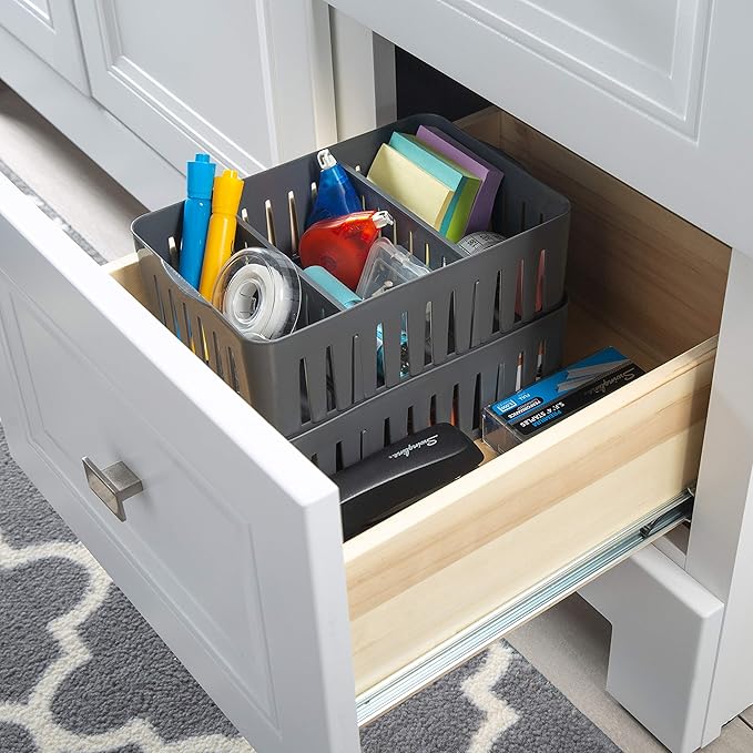 Simplify 3 Compartment Stackable Bin with Adjustable Dividers | Drawer Organizer | Storage Basket | Good for Office | Desk Supplies | Dorm | Bathroom | Accessories | Make Up | Grey