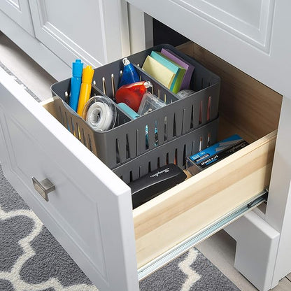 Simplify 3 Compartment Stackable Bin with Adjustable Dividers | Drawer Organizer | Storage Basket | Good for Office | Desk Supplies | Dorm | Bathroom | Accessories | Make Up | Grey